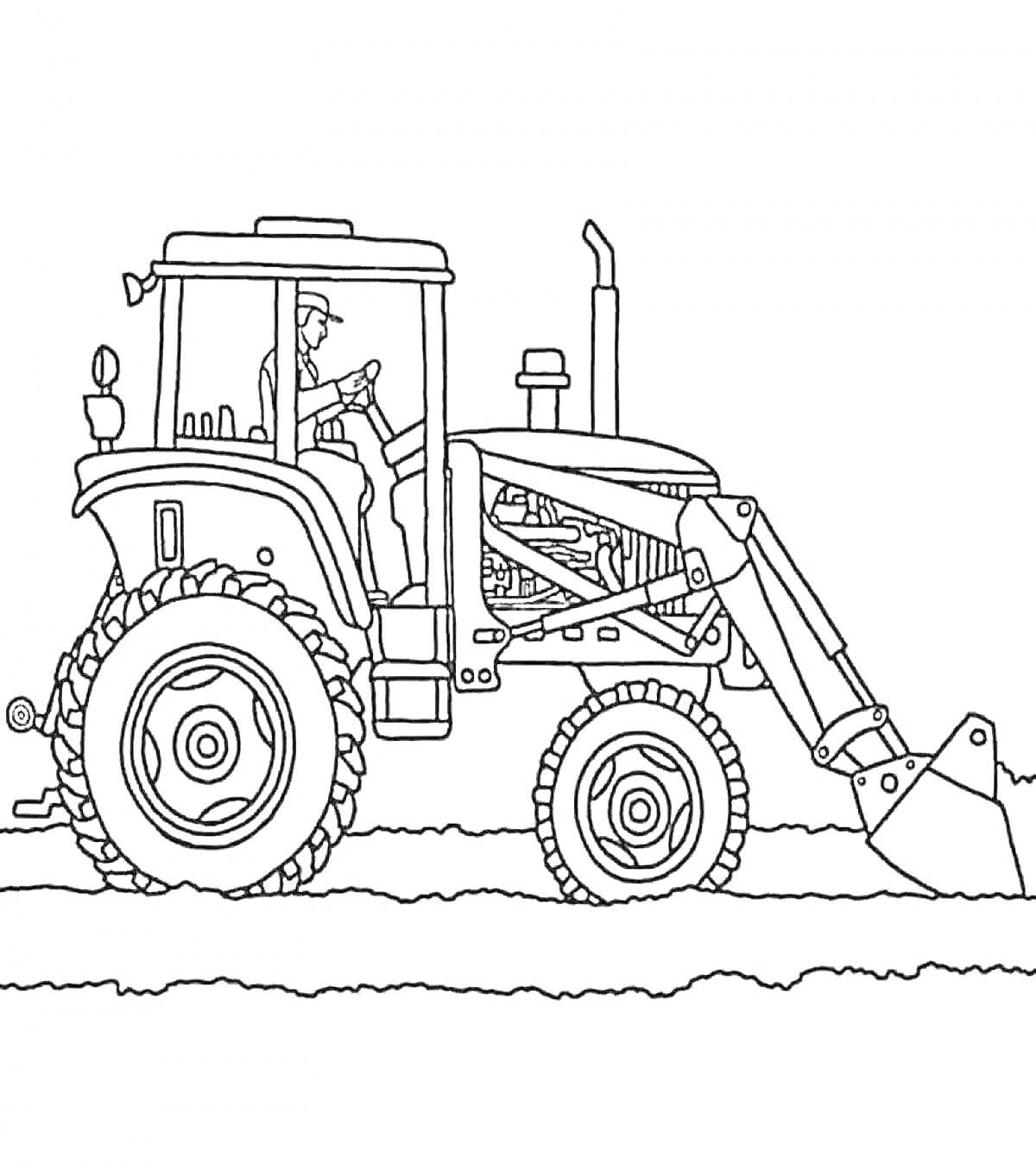Трактор с водителем в кабине и ковшом на переднем плане