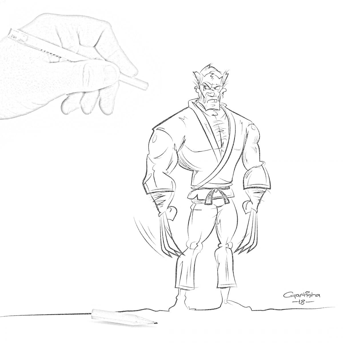 Раскраска Раскраска с персонажем Гуд Джитсу и рукой, держащей карандаш