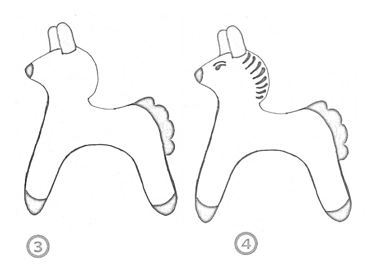 Раскраска Раскраска дымковских коней с детализацией элементов: два дымковских коня, фигурка под номером 3 без рисунка, фигурка под номером 4 с рисунком на гриве и пятнами на груди.