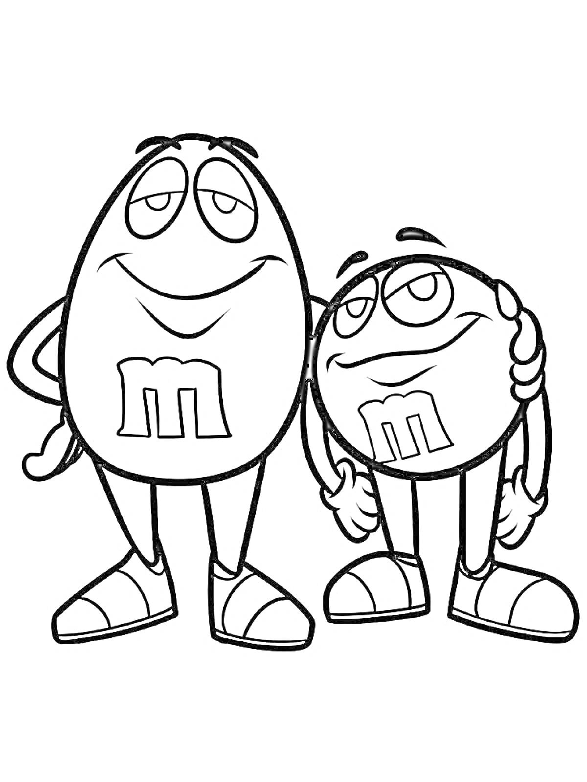 Раскраска Два M&M's персонажа, обнимающиеся и улыбающиеся
