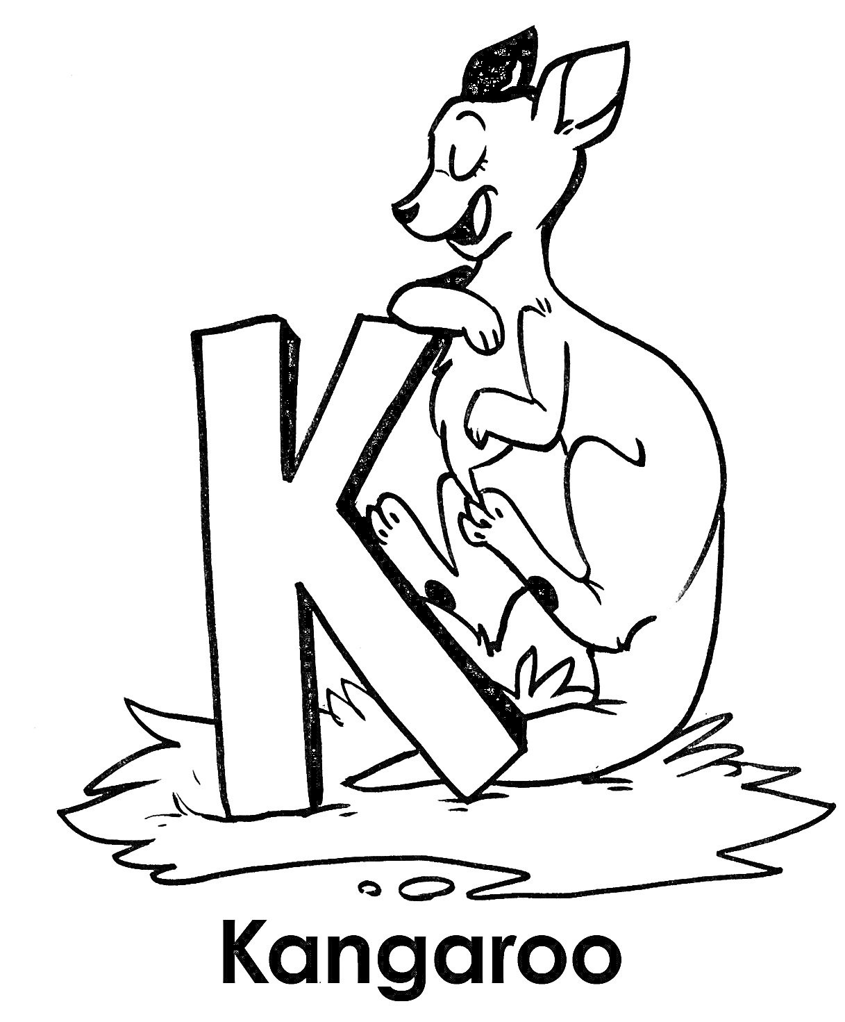 Раскраска Кенгуру рядом с буквой K на траве