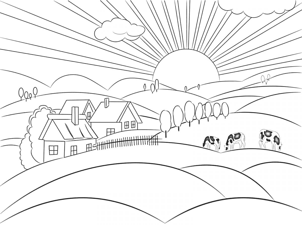На раскраске изображено: Деревня, Закат, Пастбище, Холмы, Деревья, Облака, Природа, Сельская местность