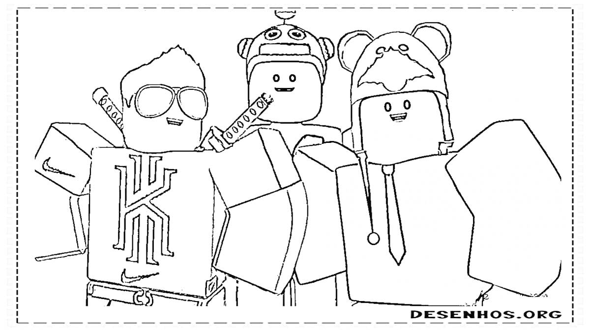 Раскраска Три персонажа Roblox: один в очках с катаной за спиной, второй в шлеме с круглой антенной, третий в шапке с ушками
