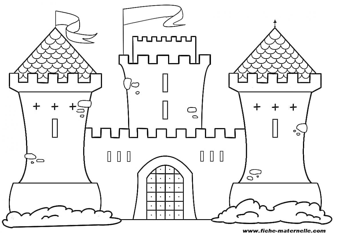 На раскраске изображено: Замок, Башни, Укрепления, Ворота, Средневековье, Кусты, Стена