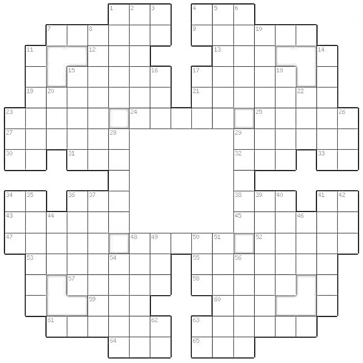 Раскраска Кроссворд-пазл из керамической плитки с пустым центральным квадрантом и черными квадратами в углах