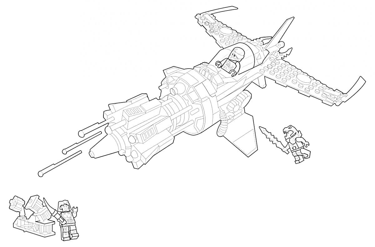 Раскраска Лего самолет с фигурками, один пилот в кабине, второй персонаж с мечом и собака на земле, возле камней