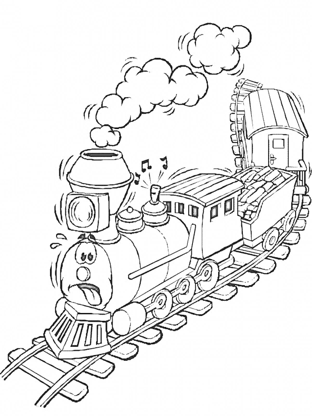 Раскраска Поезд с двумя вагонами на железной дороге, с дымом и музыкальными нотами