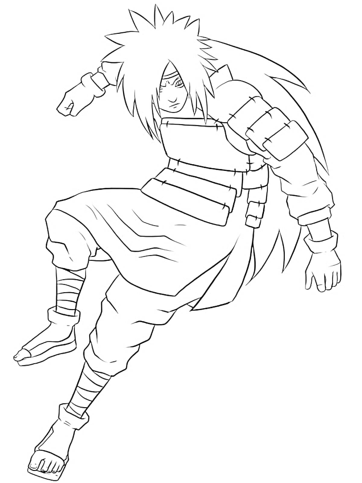 Раскраска Воин Наруто в доспехах с длинными волосами и протектором на лбу, в прыжке