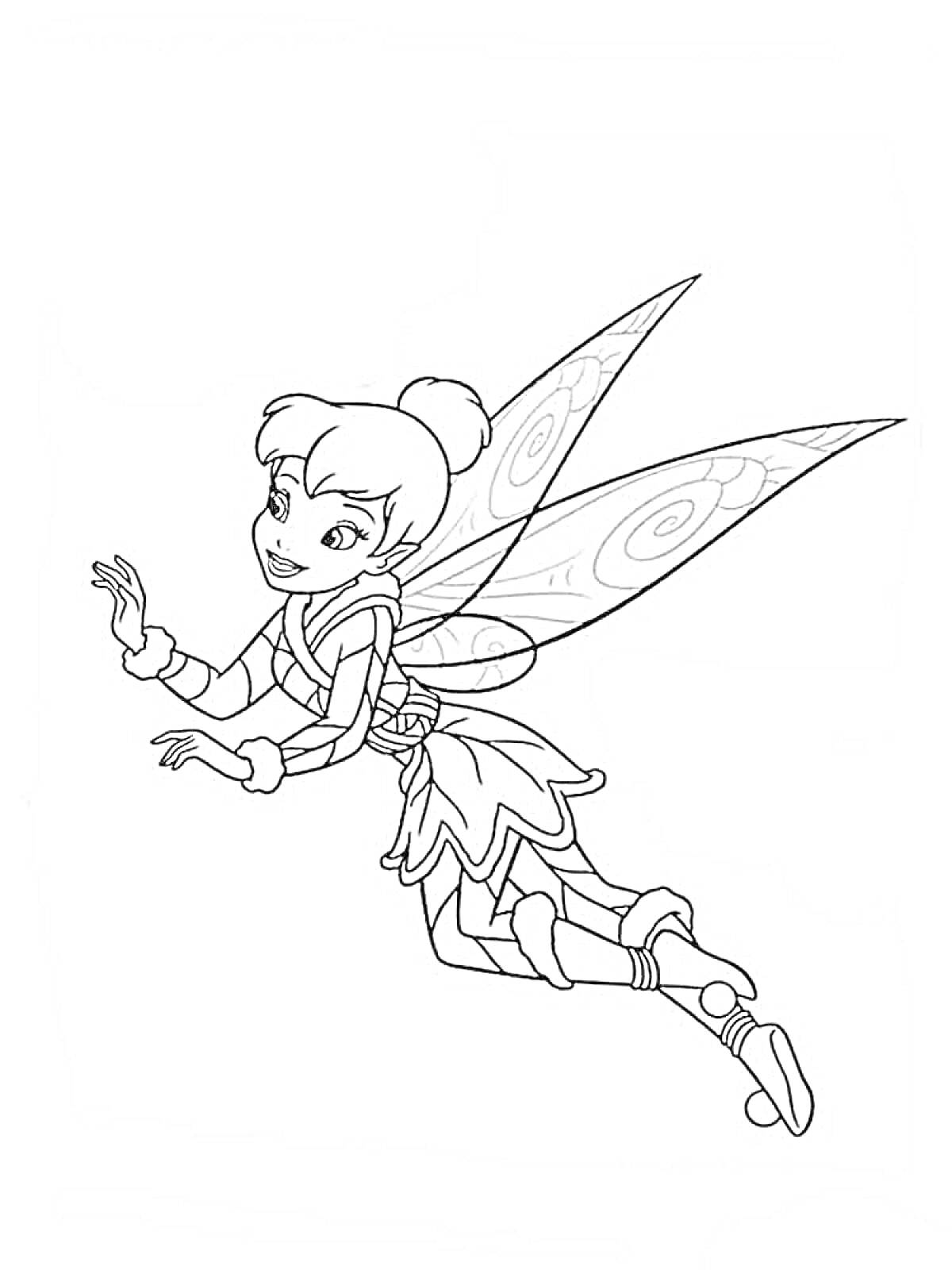 Раскраска Фея Динь-Динь в полете с крыльями, сложным костюмом и поднятой рукой