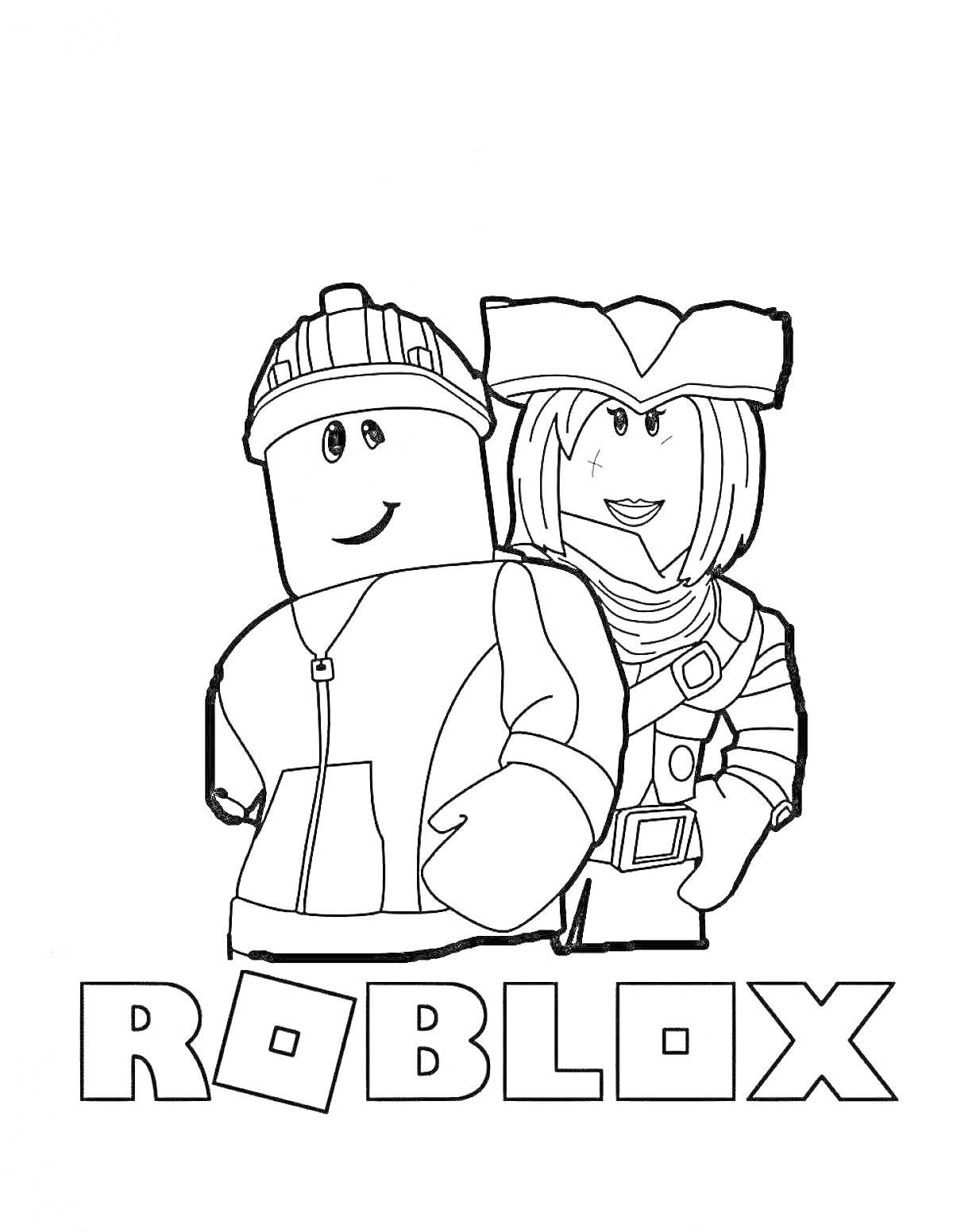 Раскраска Два персонажа Roblox в шапке и пиратской шляпе с надписью 