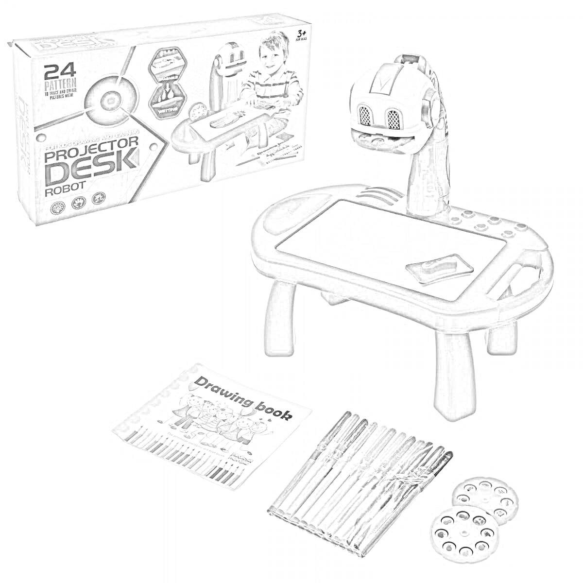 Раскраска проектор с набором для рисования для детей – стол с проектором, маркеры, блокнот для рисования, диски с изображениями, упаковка с изображением мальчика