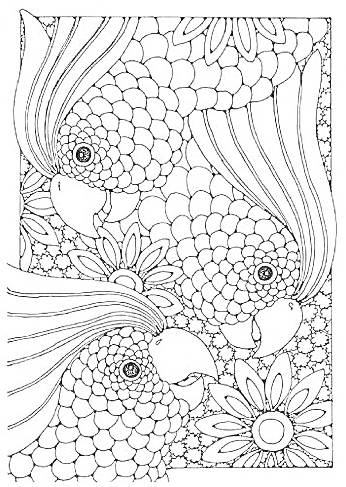 На раскраске изображено: Антистресс, Попугаи, Узоры, Цветы, Животные, Графика