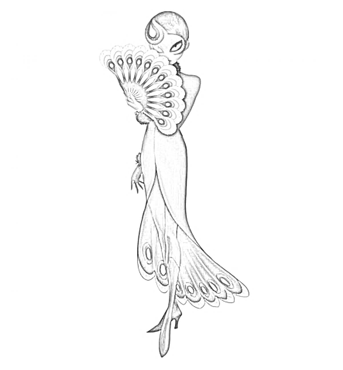 Раскраска Персонаж в синем платье с веером и павлиньим хвостом