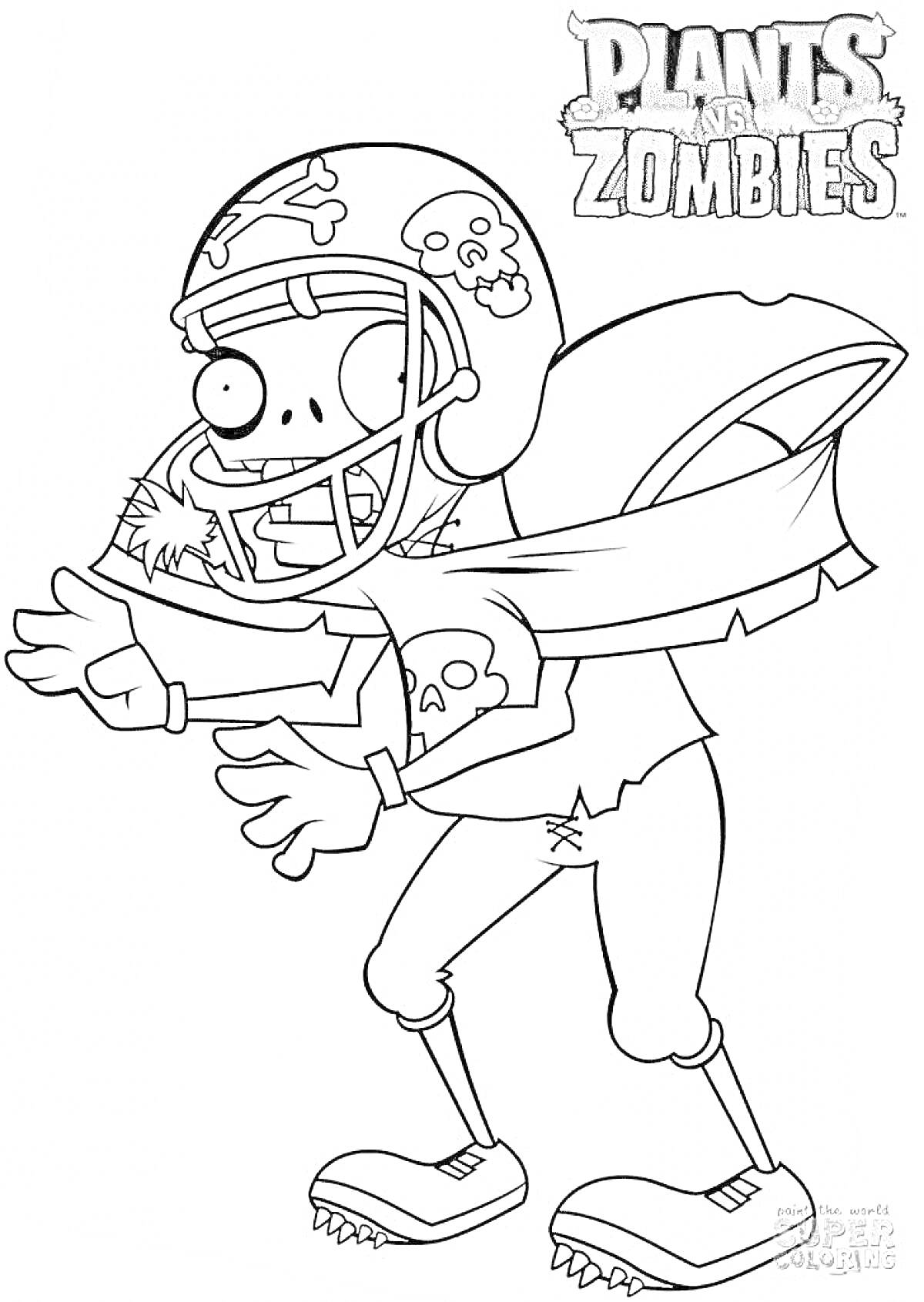 Раскраска Зомби-футболист из Plants vs Zombies, пустой шлем с черепами, порванная футболка, жесткие штаны, ботинки с шипами