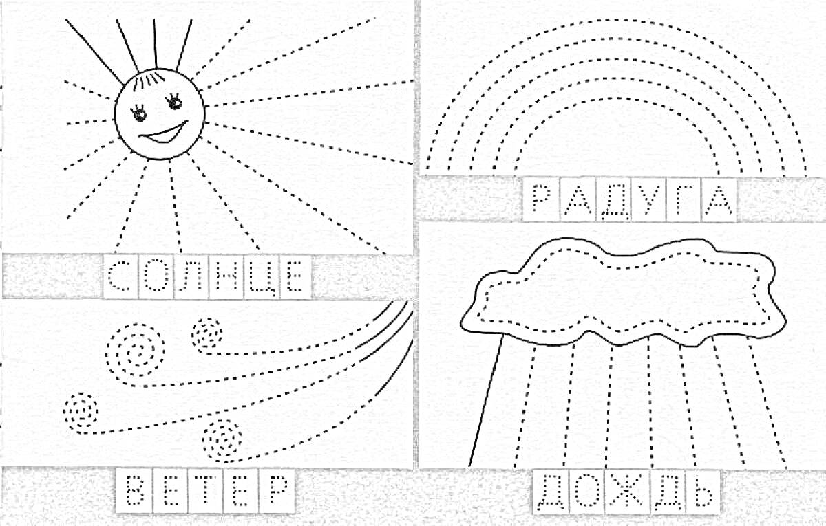 На раскраске изображено: Солнце, Ветер, Дождь, Погода, Природа, Аутизм