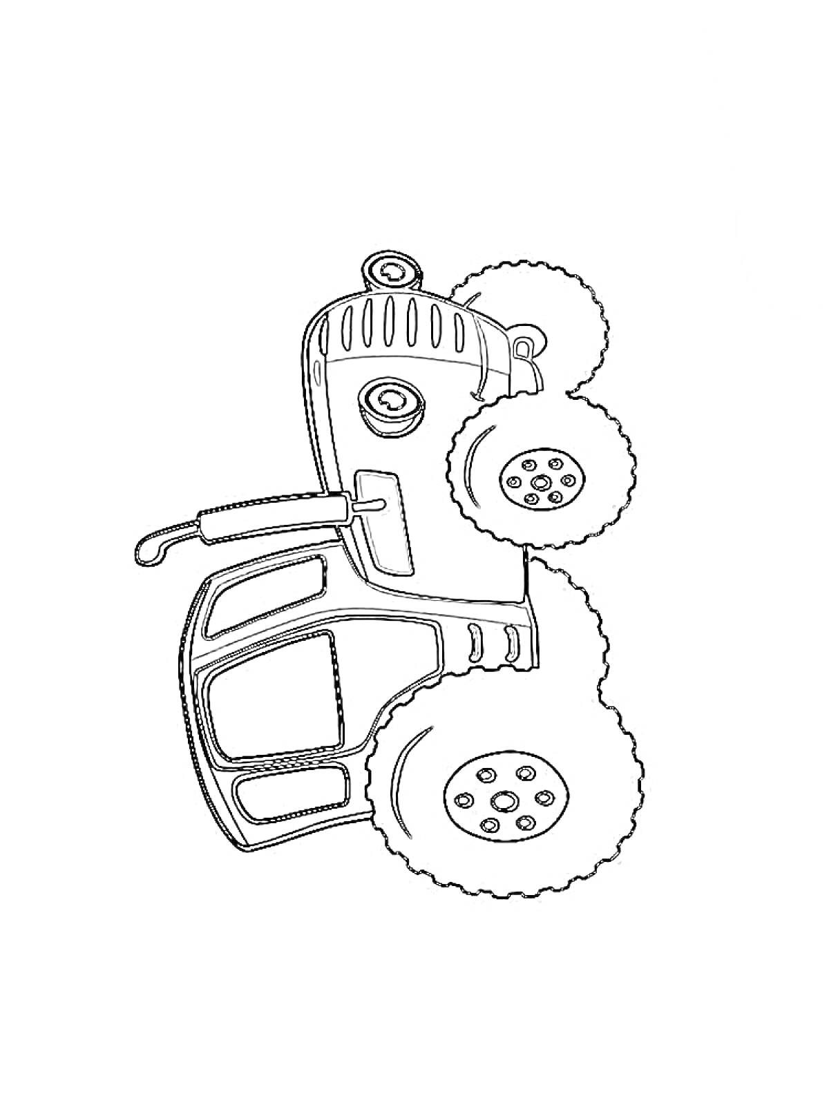 На раскраске изображено: Трактор, Синий трактор, Большие колеса, Транспорт, Для детей