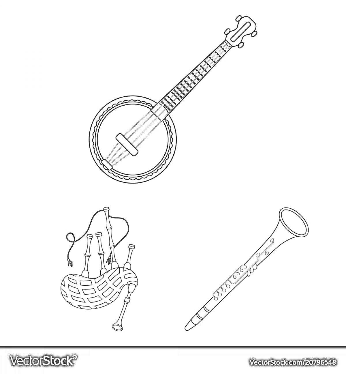 На раскраске изображено: Домра, Фагот, Музыкальные инструменты, Иллюстрация, Контурные рисунки