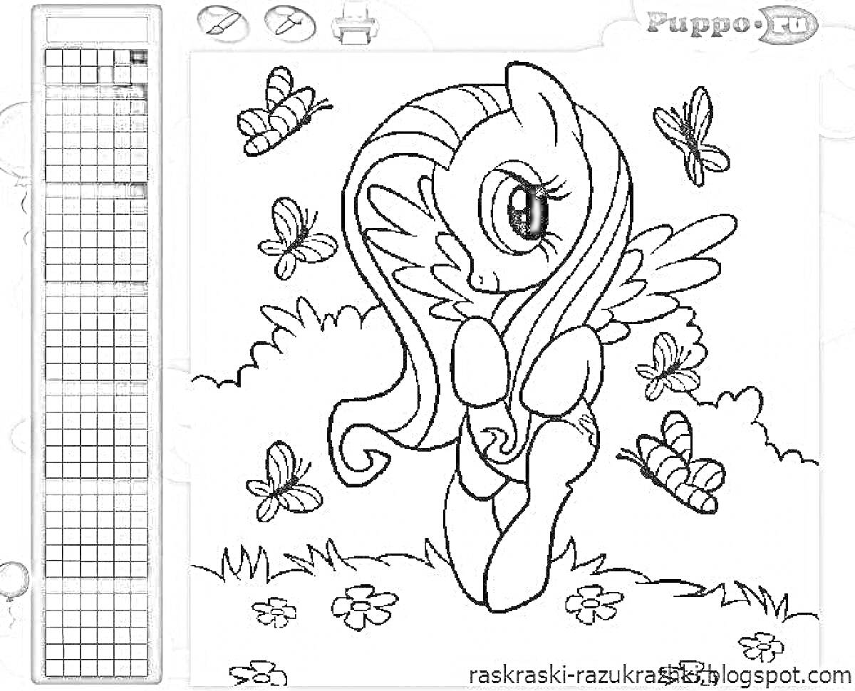 Раскраска Пони на поляне с цветами и бабочками