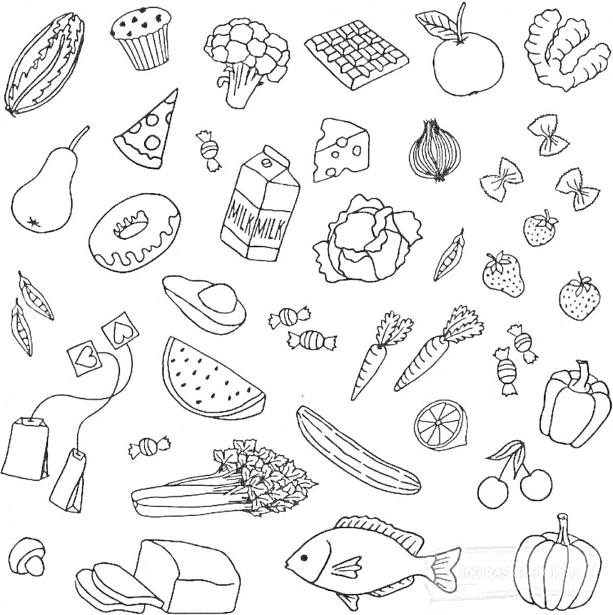 Раскраска Разнообразная эстетичная еда. На изображении: дыня, капуста, плитка шоколада, яблоко, кекс, ломтик пиццы, кусок сыра, черника, груша, молоко, помидор, капуста, лук, малосольные огурцы, клубника, листики базилика, конфеты, авокадо, крупа, морковь, лайм, ба