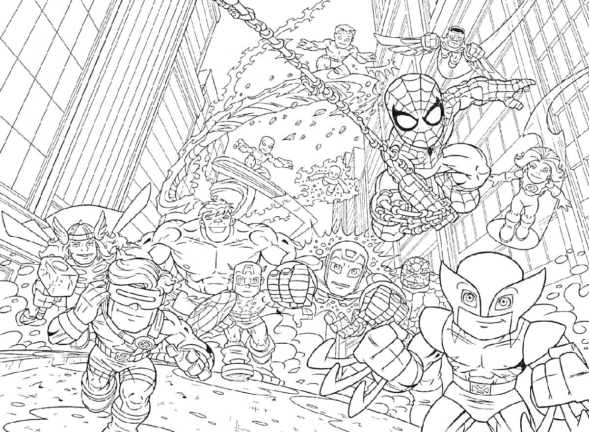 На раскраске изображено: Супергерои, Маленькие, Человек-паук, Паутина, Здания, Бег, Группа
