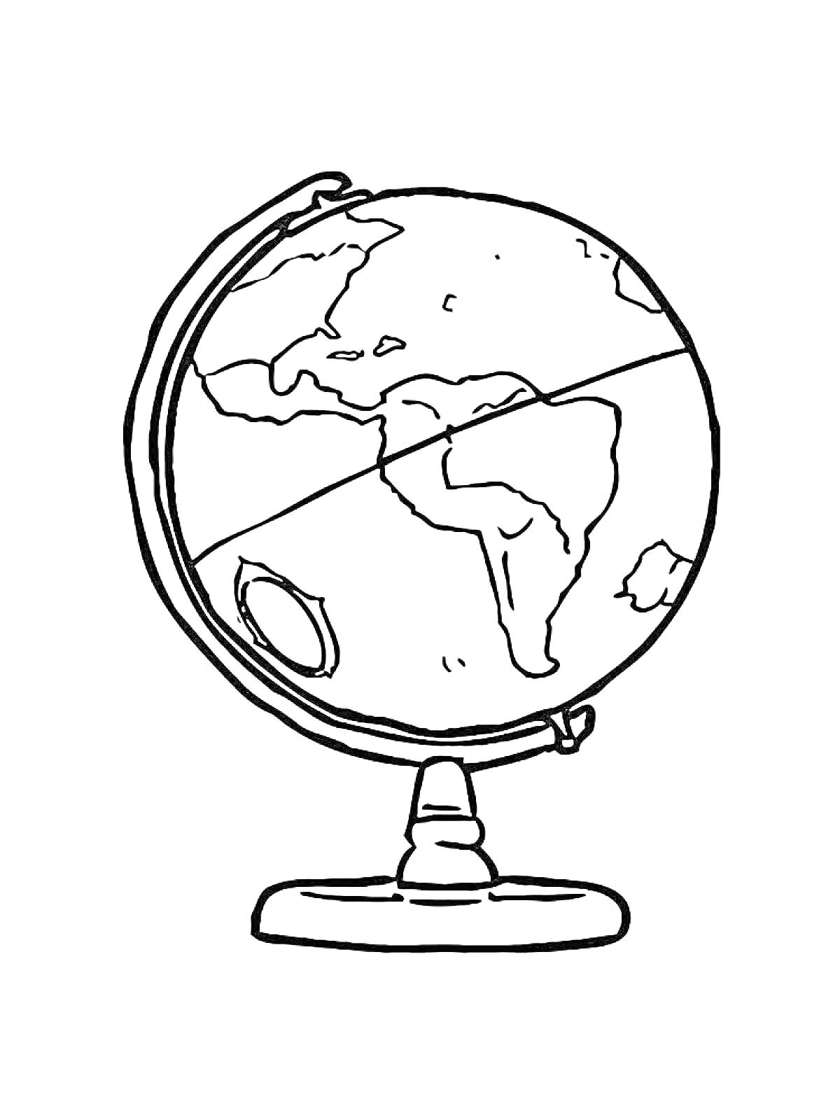На раскраске изображено: Глобус, Континенты, Подставка, Карта мира, Учебные материалы, География, Обучение, Для детей