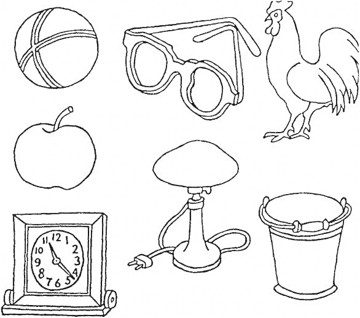 Мяч, очки, петух, яблоко, настольные часы, настольная лампа, ведро.