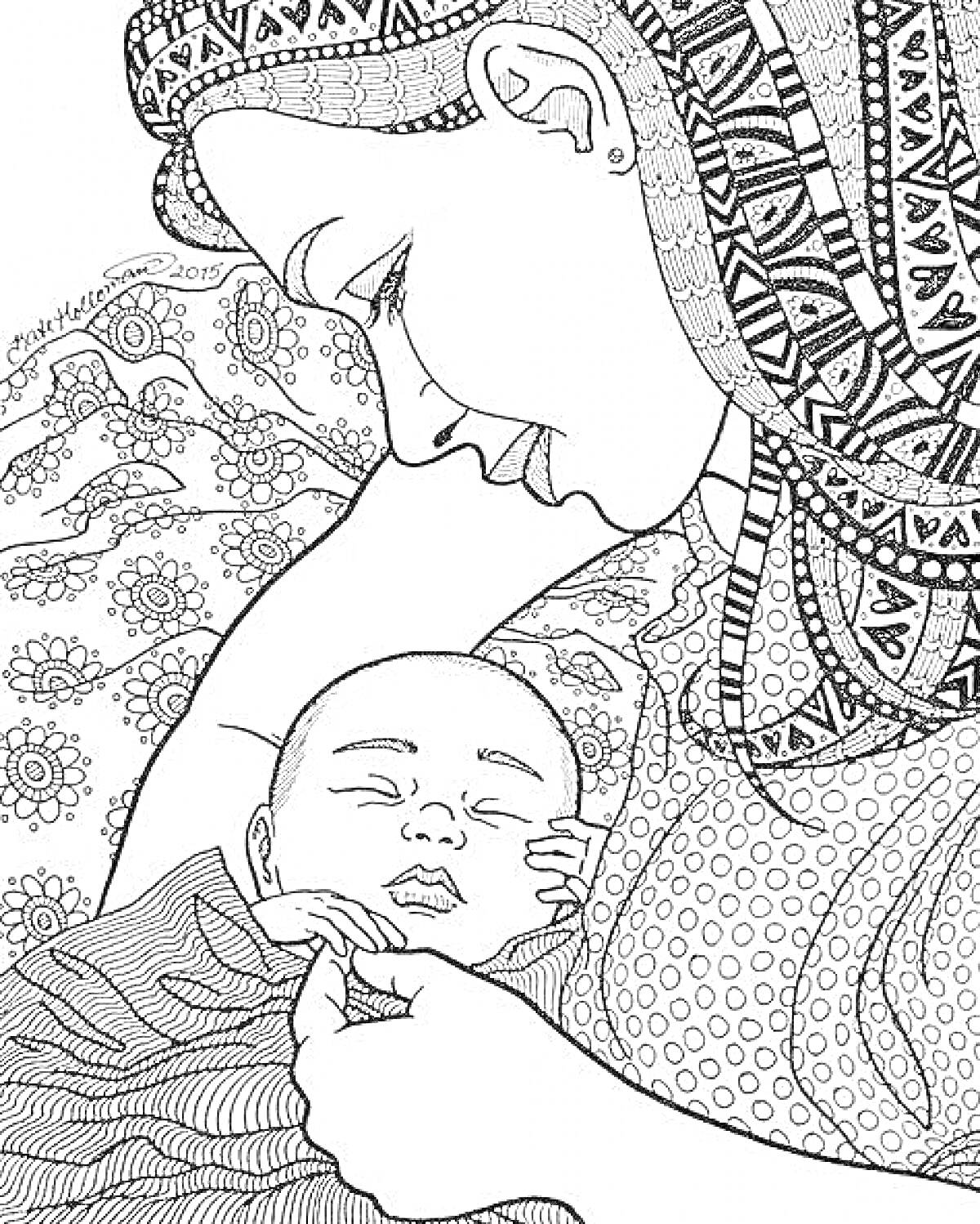 Раскраска Мать с узорами в платке, держащая спящего младенца на руках