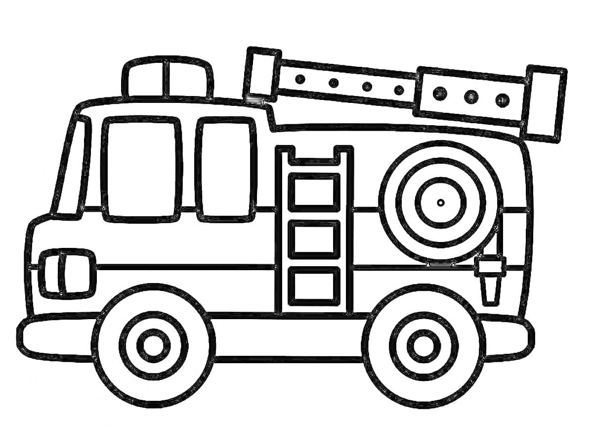 На раскраске изображено: Пожарная машина, Пожарная служба, Лесенка, Лестница, Колеса, Транспорт, Для детей, Круги, Авто