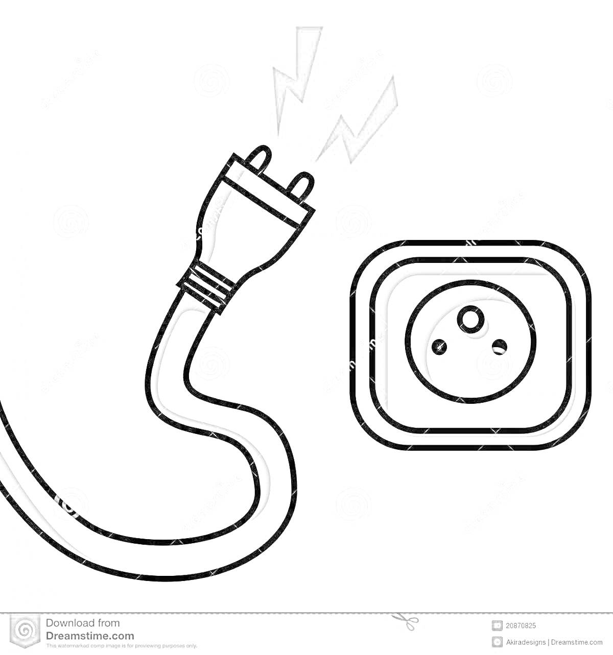 Раскраска Электрический шнур и розетка с электрическими искрами