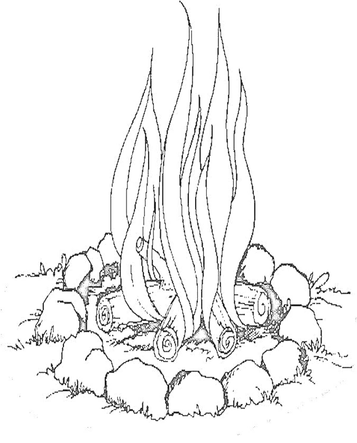 На раскраске изображено: Костер, Огонь, Камни, Пламя, Природа, Лагерь, Поход, Ночь