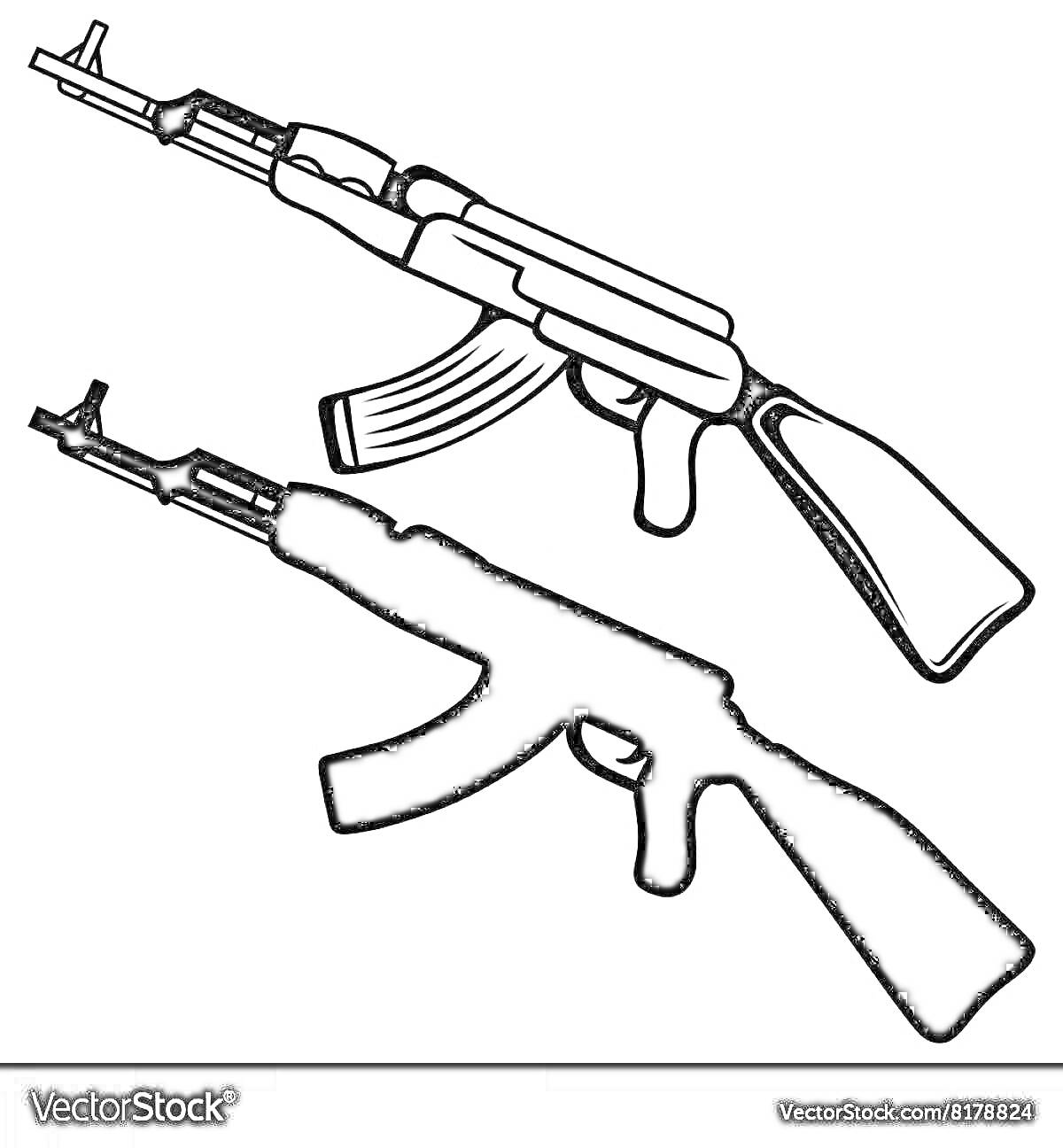 На раскраске изображено: АК-47, Автомат, Оружие, Контурные рисунки