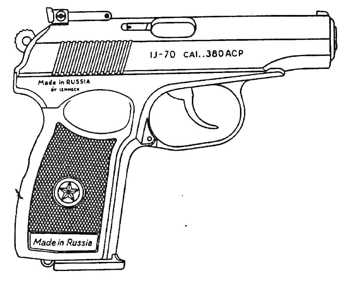 Пистолет Макарова IJ-70 CAL .380ACP, надписи 