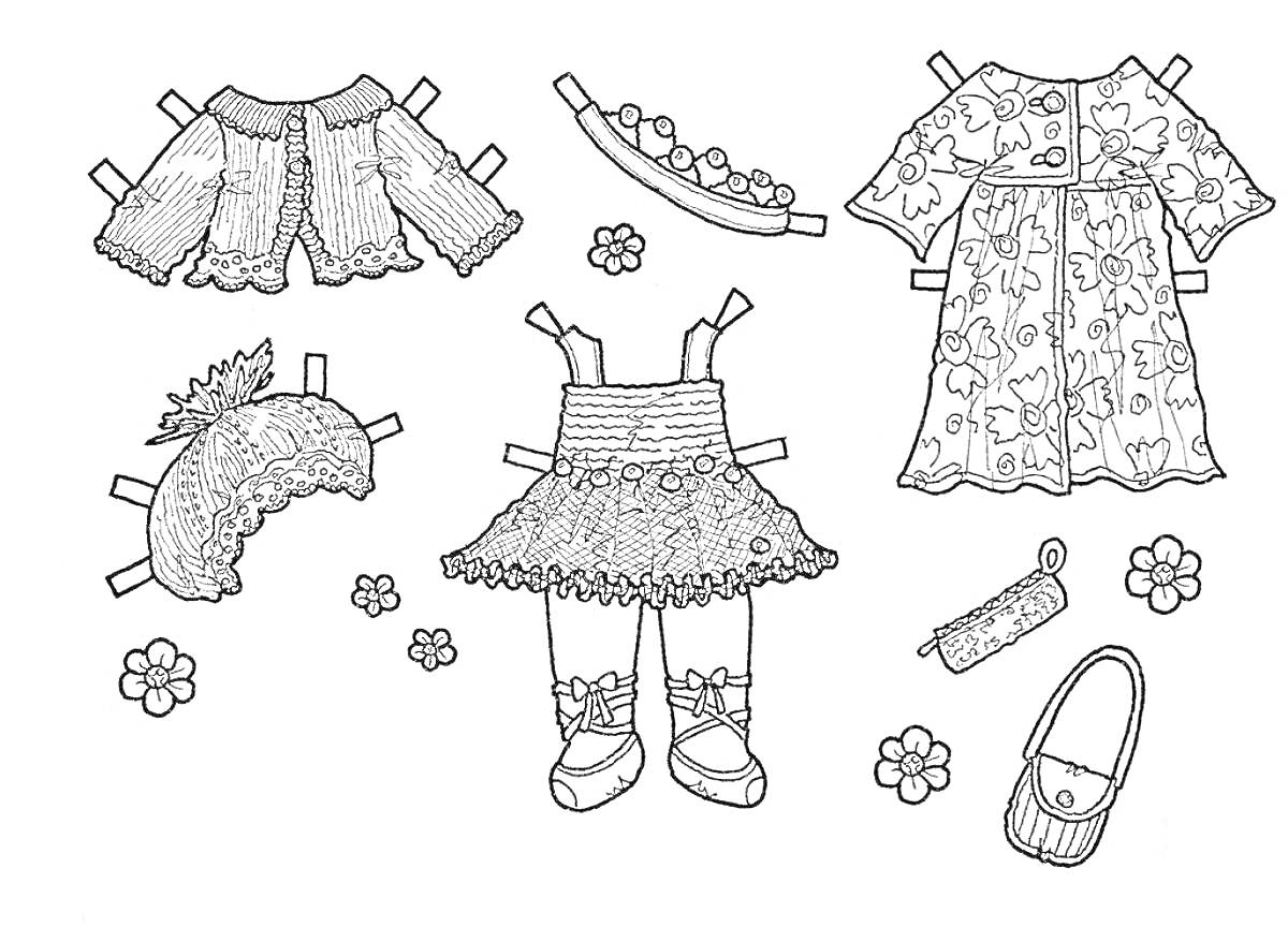 На раскраске изображено: Одежда, Кофта, Платье, Цветы, Детские игрушки