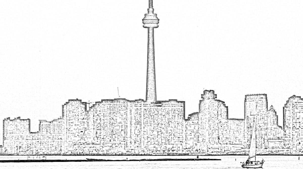 Раскраска Си Эн Тауэр и городской пейзаж с лодкой на воде
