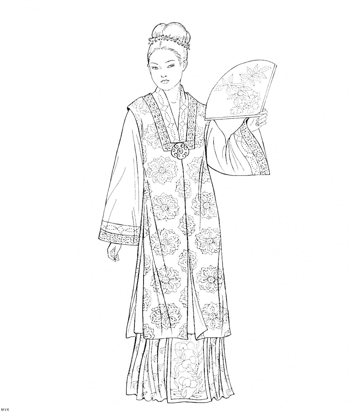На раскраске изображено: Китайская одежда, Традиционное платье, Веер, Узоры, Женщина, Костюм, Восточный стиль