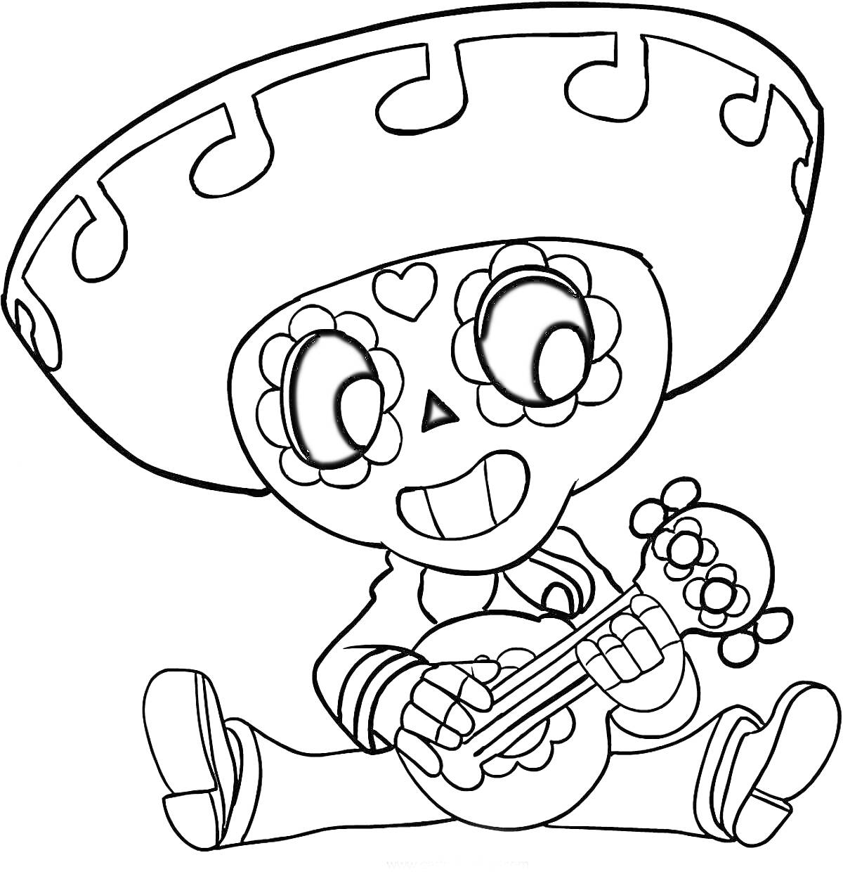 Раскраска Персонаж с сомбреро и гитарой из Браво Старс, сидящий на полу