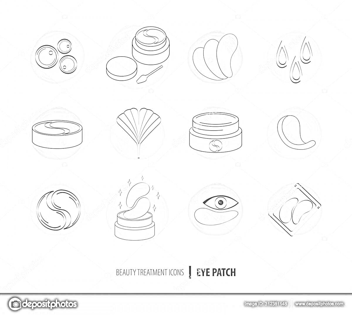 Раскраска Различные виды косметических патчей и контейнеров для хранения, ракушка, капли, глаз