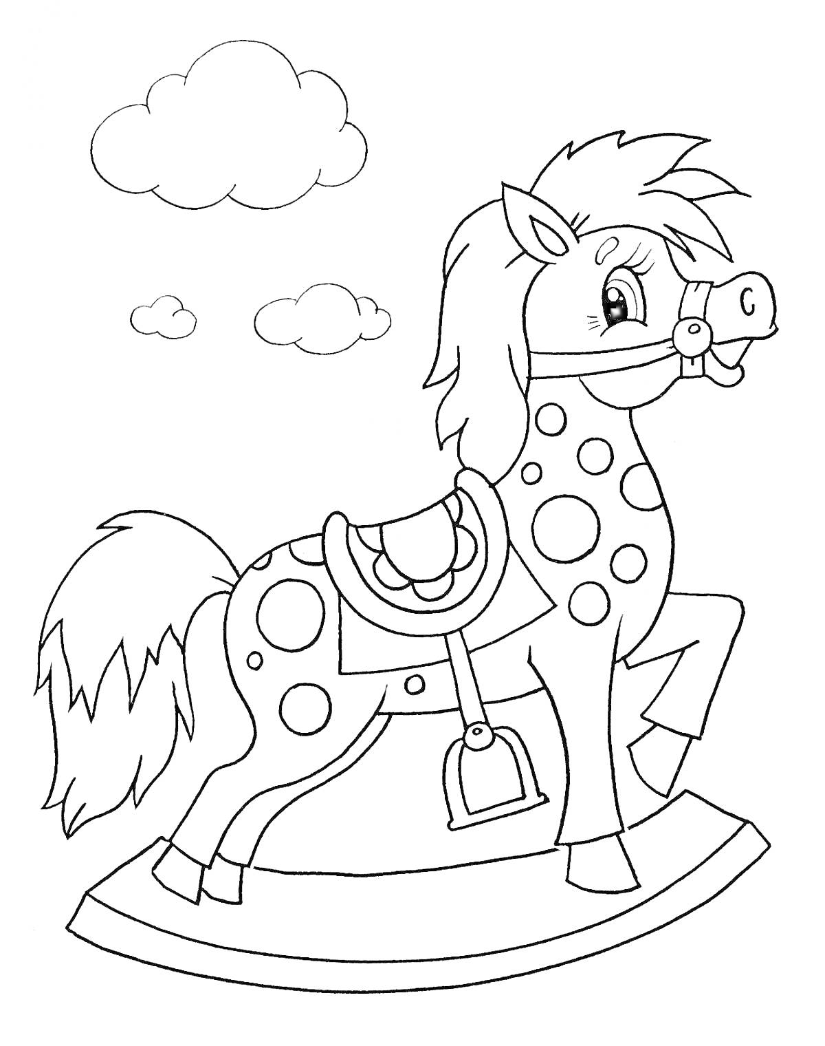 На раскраске изображено: Качалка, Облака, Для детей, Животные, Игрушки, Лошадь, 6 лет