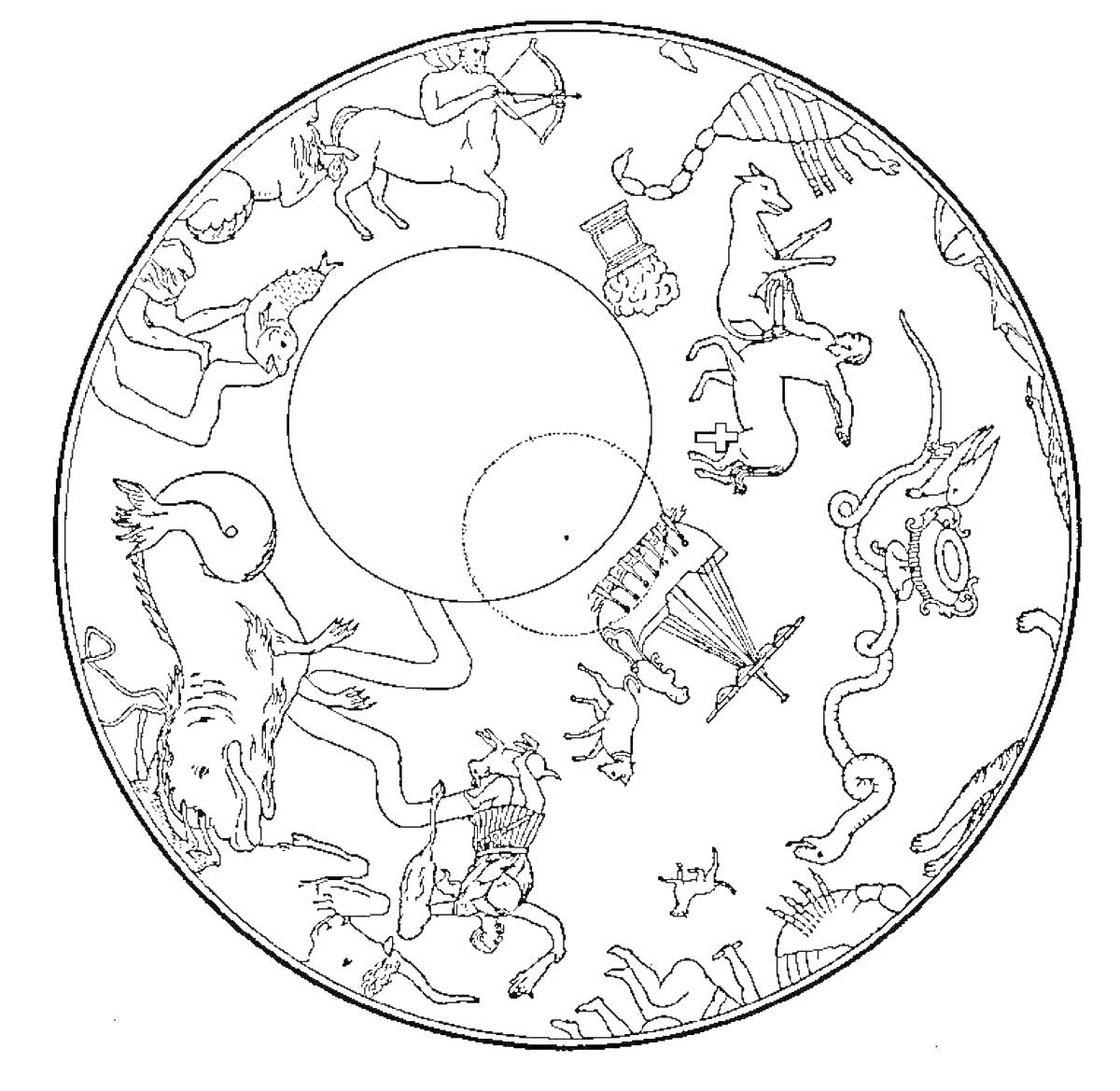 Раскраска Круглая карта с изображением созвездий, включая 'Стрельца', 'Рака', 'Змея', 'Весы', 'Водолея', 'Тельца', 'Ориона' и другие элементы созвездий