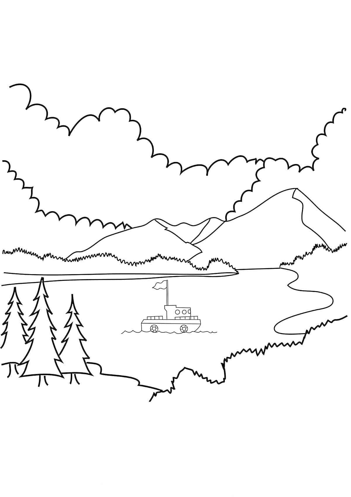 Раскраска Озеро с лодкой, горами, лесом и облаками