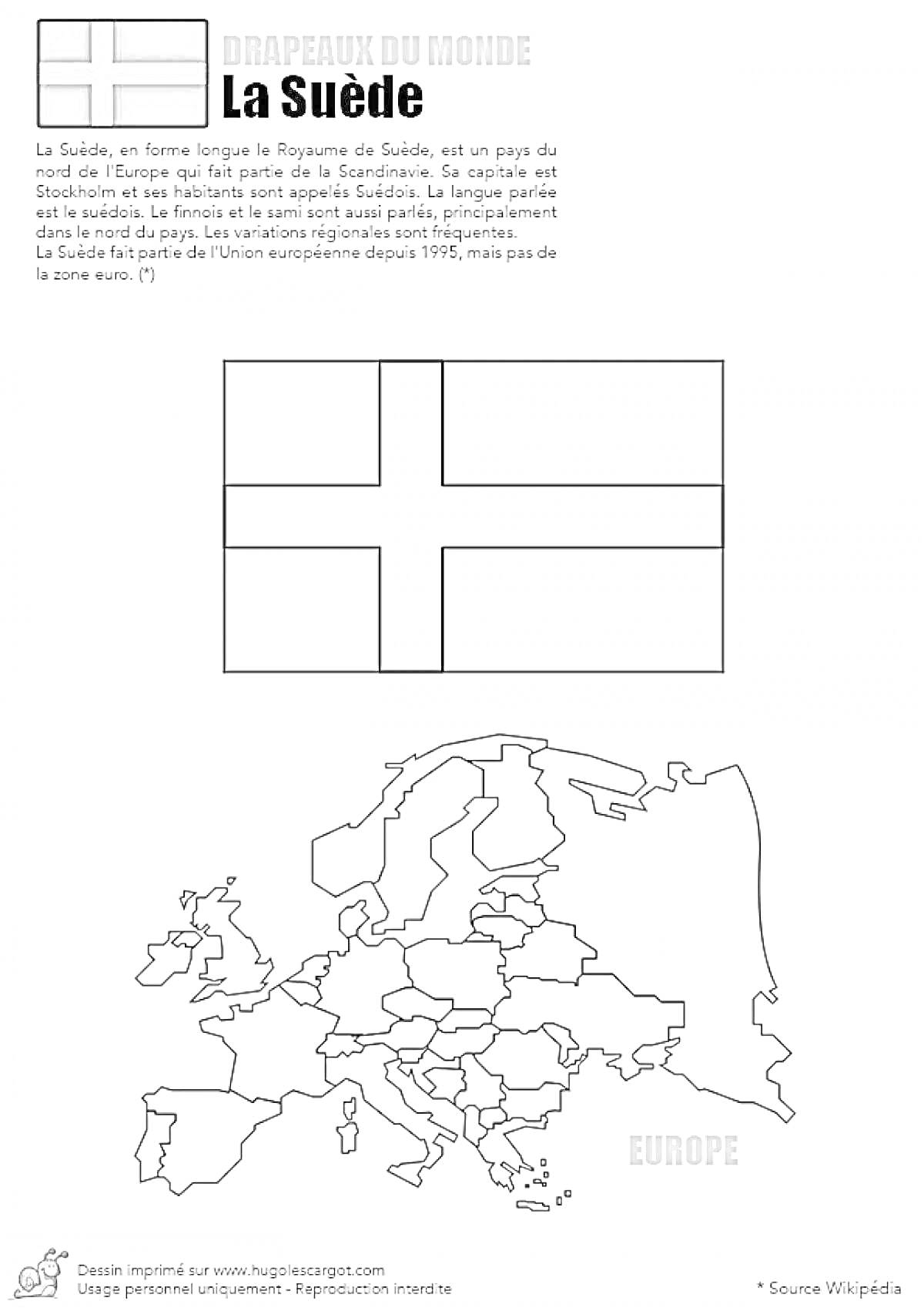 Раскраска Флаг Швеции с описанием и картой Европы