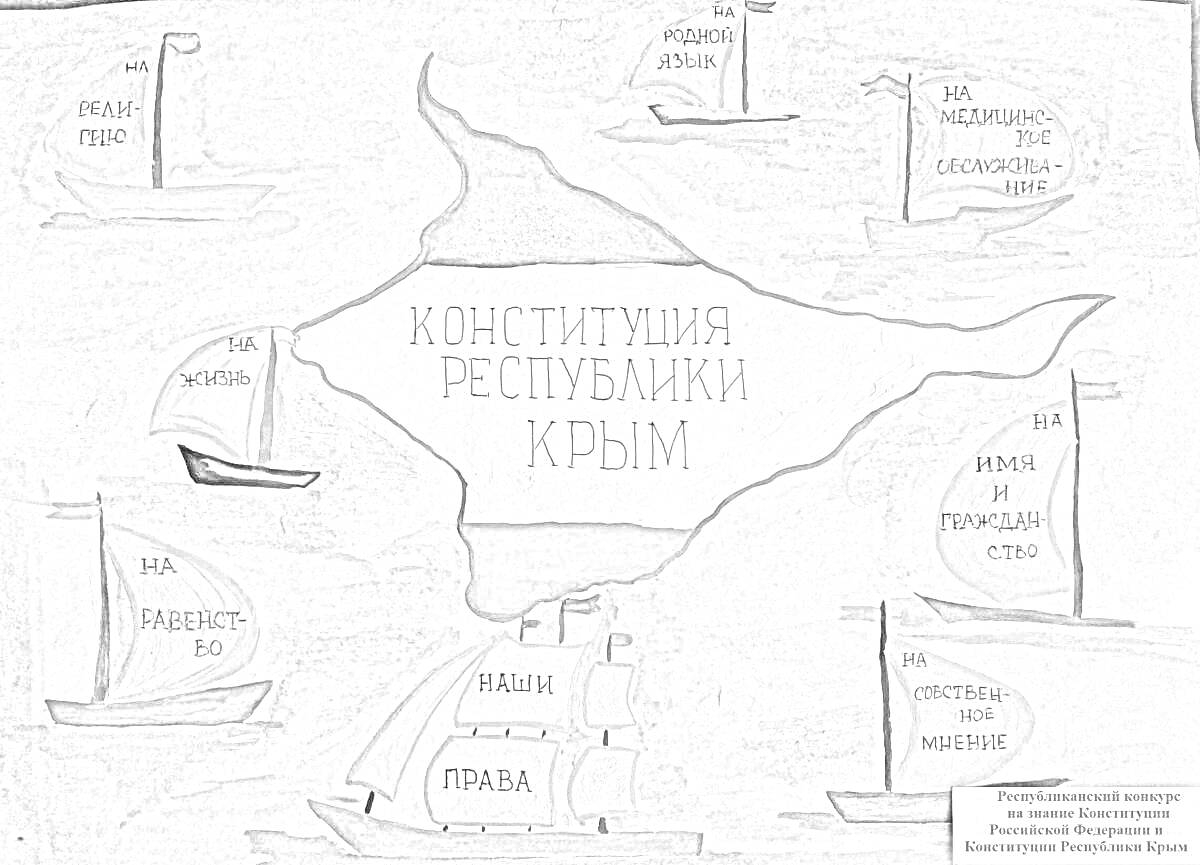 На раскраске изображено: Карта, Крым, Парусники, Надпись