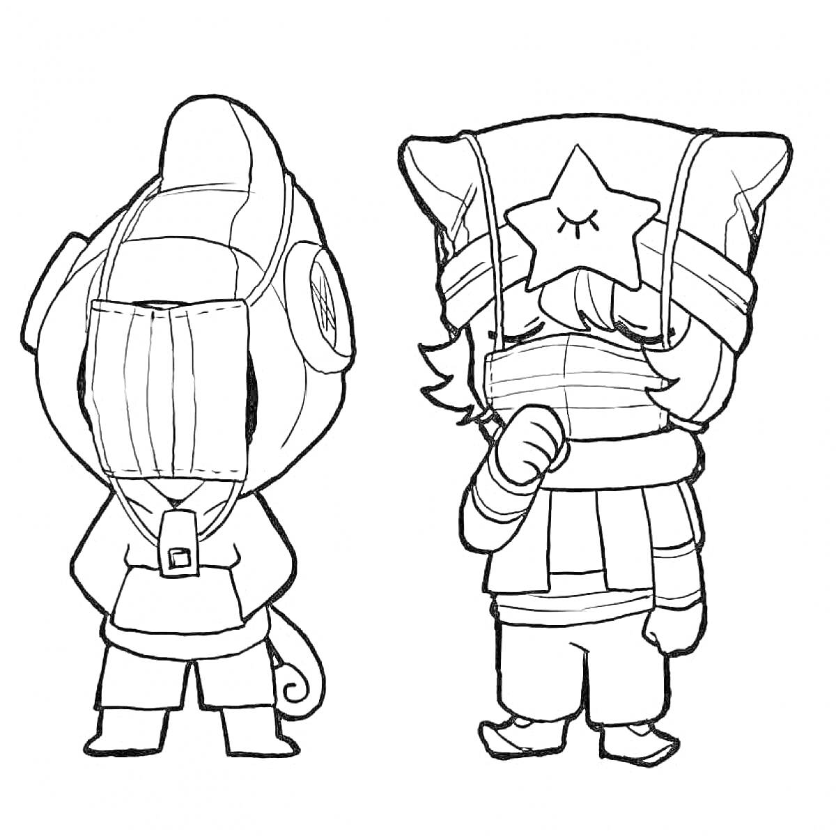 Раскраска Два персонажа Леона из игры Brawl Stars, один из которых одет в костюм ящерицы, а другой в костюм с звездой на шапке