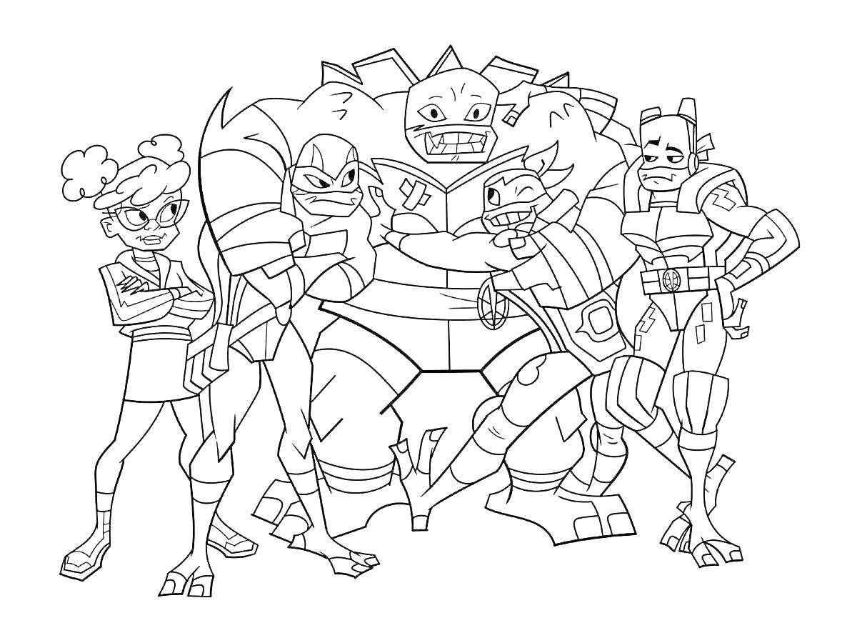 Раскраска персонажи Goojitzu (пять персонажей в команде), большая фигура в центре, два персонажа с правой стороны и два с левой