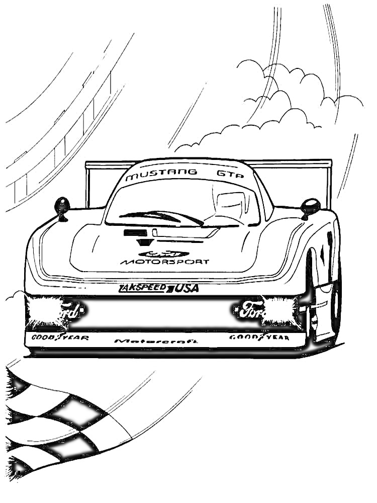 На раскраске изображено: Трасса, Финишный флаг, Облака, Мотоспорт, Ford, Гоночный автомобиль, Быстрые машины
