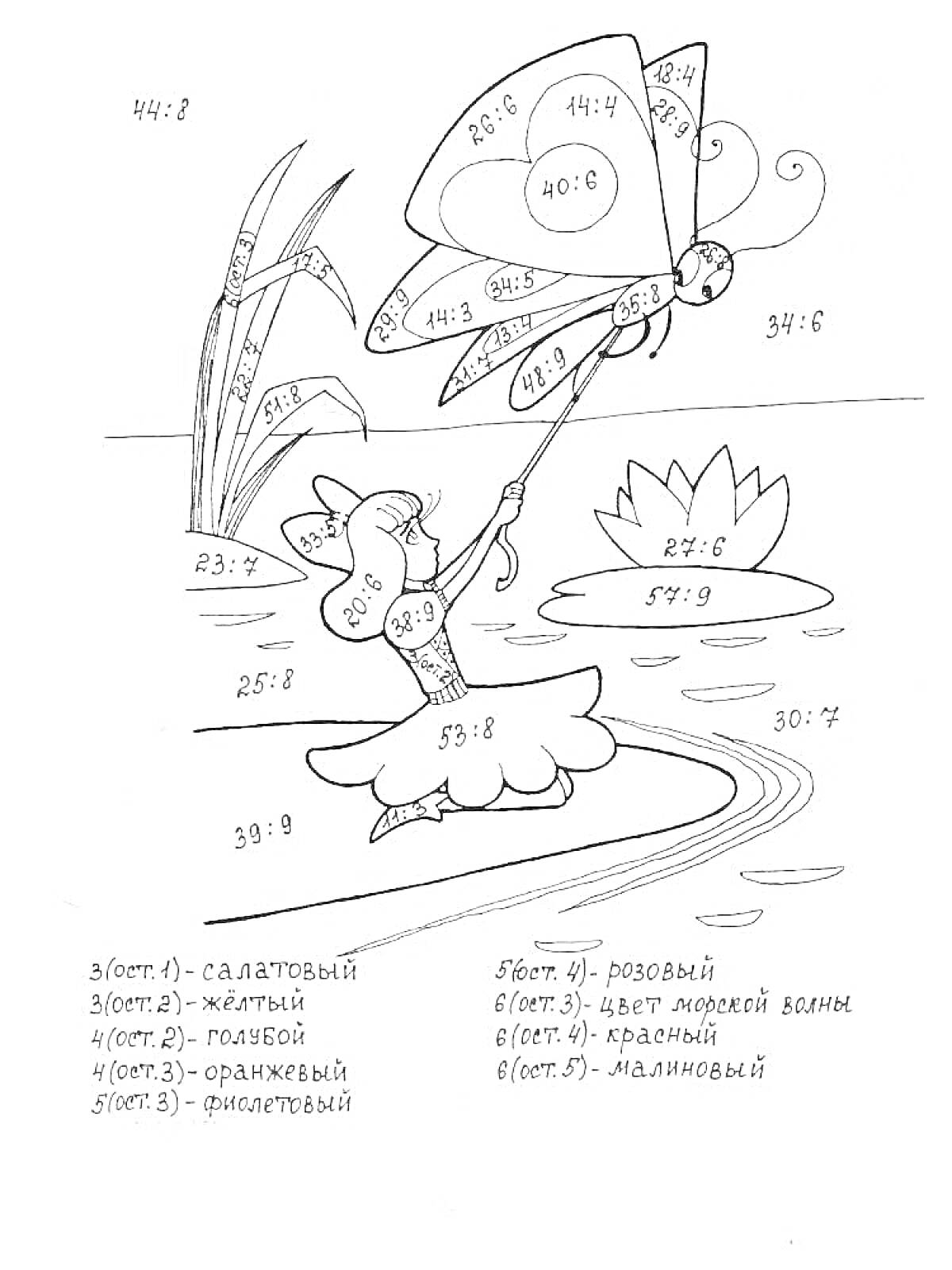 На раскраске изображено: Примеры, Математика, Девочка, Бабочка, Пруд, Учеба, Арифметика, Задания