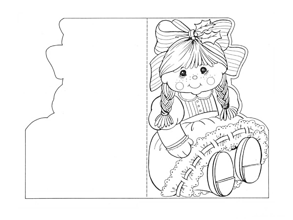 Раскраска Открытка-кукла: девочка с косичками и бантиком в платье и фартуке, сидящая на полу