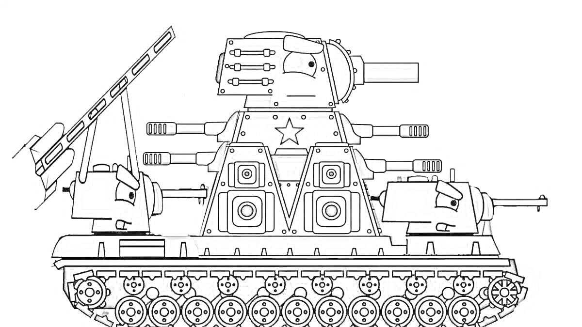 На раскраске изображено: Танк, Боевая машина, Оружие, Броня
