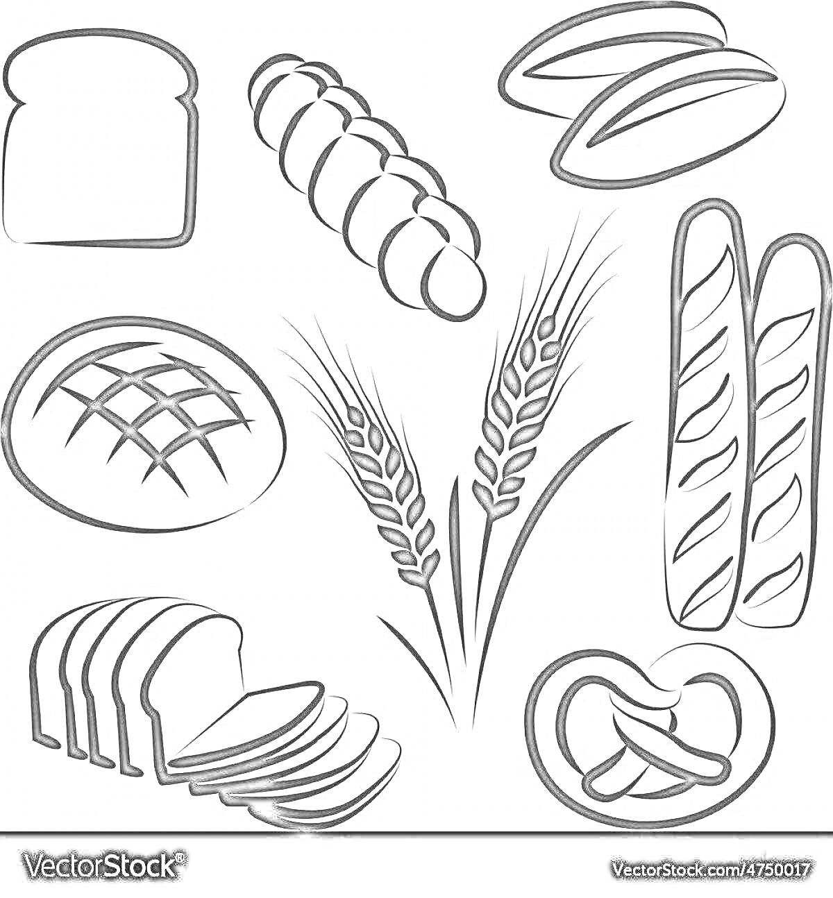 Раскраска Хлебобулочные изделия — буханка хлеба, плетеный хлеб, две булочки, круглый хлеб с насечками, два колоса пшеницы, багеты, нарезанные ломти хлеба, крендель