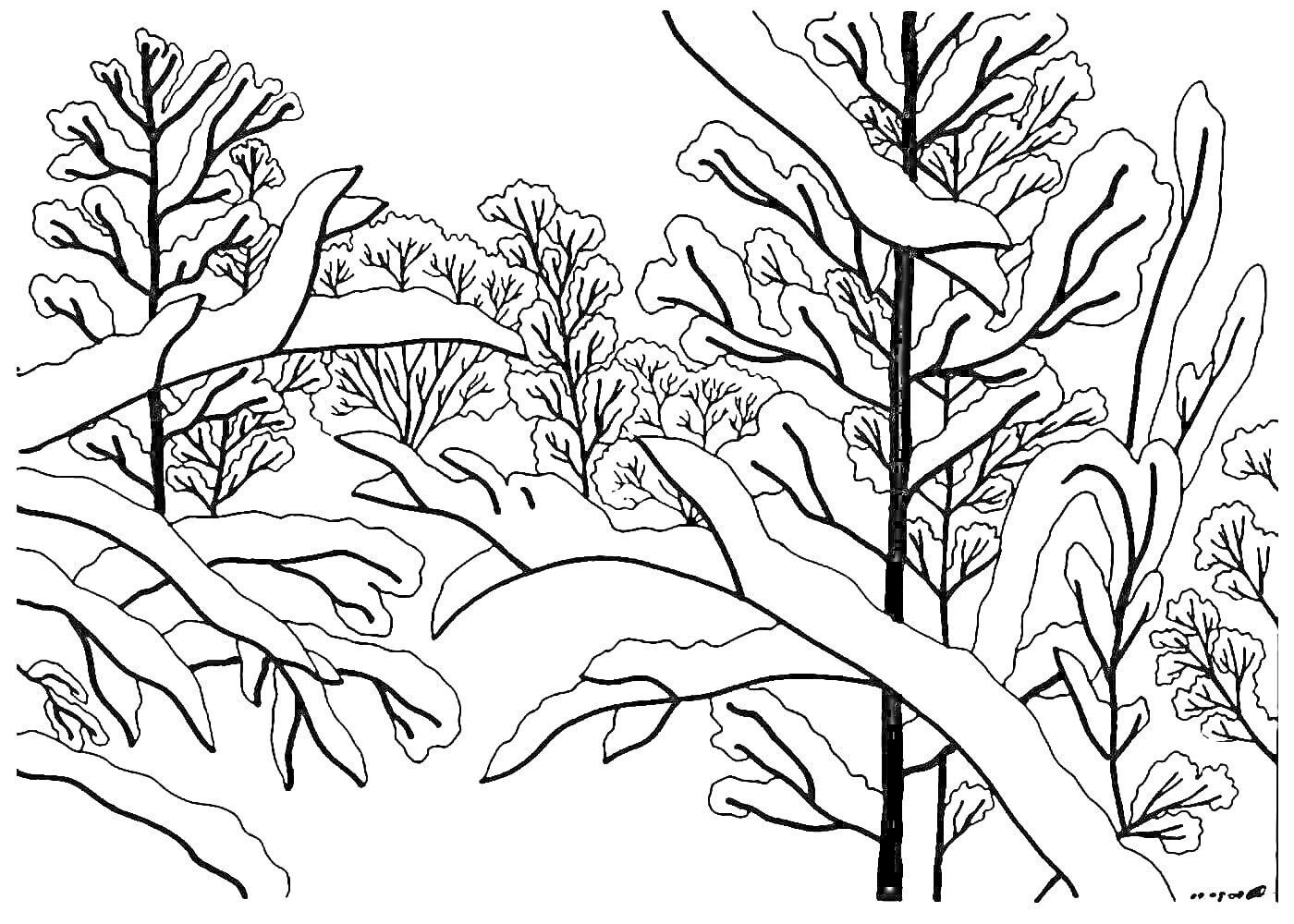 На раскраске изображено: Зимний лес, Деревья, Снег, Зима, Природа, 5 лет, 6 лет